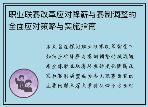 职业联赛改革应对降薪与赛制调整的全面应对策略与实施指南