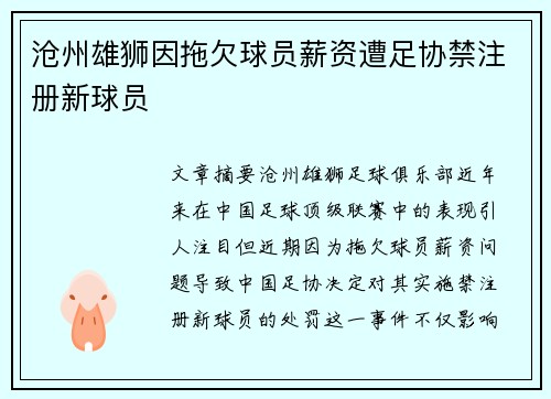 沧州雄狮因拖欠球员薪资遭足协禁注册新球员