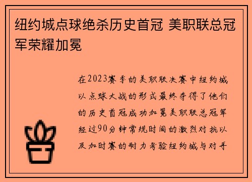 纽约城点球绝杀历史首冠 美职联总冠军荣耀加冕 纽约城点球绝杀历史首冠 美职联总冠军荣耀加冕